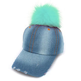 Faux Fur Pom Pom Vintage Denim-Feel Adjustable Baseball Cap Hat