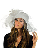 NYFASHION101 Wavy Wide Brim Veil & Feather Kentucky Derby Sinamay Hat