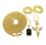 Colored Gemstone & Hip Hop Pendant Set on Box Chains with Cuban Chain in Gold-Tone