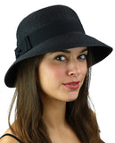 C.C Women's Paper Woven Cloche Bucket Hat with Black Bow Band