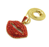 Stone Stud Lips pendant w/2mm 18" Box Chain Necklace, Gold-Tone/Red Stone