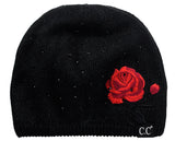 C.C Rhinestone Embellished Embroidered Rose Angora Skull Cap Beanie, Black