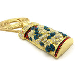 Colored Stone Stud Pill Bottle pendant w/4mm 36" Franco Chain, Gold-Tone