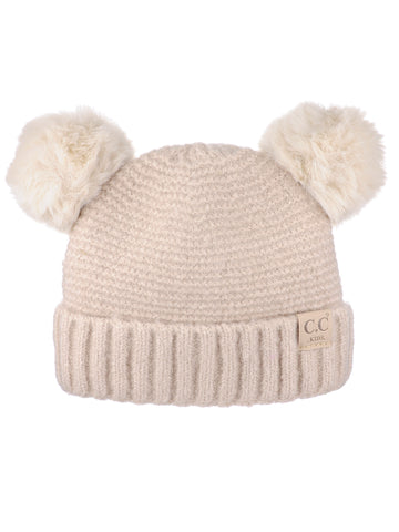 C.C Kids' Children's Double Ear Soft Pom Fuzzy Lined Cuff Beanie Cap