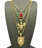 Ruby Red Stone, Floating Angel, & King Lion Pendant Set w/ Box Chain Necklaces in Gold-Tone