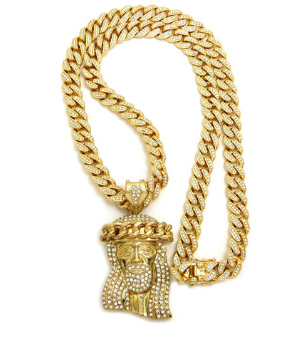 Crown of Thorns Stone Stud Jesus Face Pendant 12mm 30" Iced Out Cuban Chain Necklace in Gold-Tone