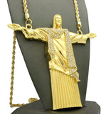 Stone Stud Christ the Redeemeer Figure w/ 5mm 36" Rope Chain Necklace in Gold-Tone