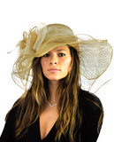 NYFASHION101 Wavy Wide Brim Veil & Feather Kentucky Derby Sinamay Hat