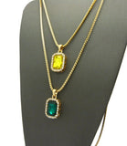 Micro Yellow & Faux Emerald Stone Pendant Set 2mm 24" & 30" Box Chain Necklace in Gold-Tone
