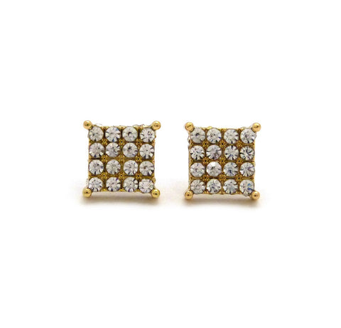 4 Stone Row Concave Square Shape Stud Pierced Earrings, Gold-Tone