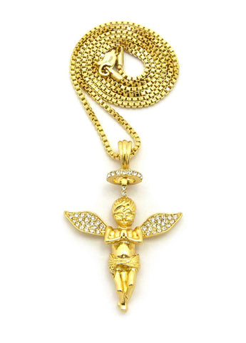 Stone Stud Winged Praying Halo Angel Pendant with Chain Necklace