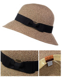 C.C Women's Paper Woven Cloche Bucket Hat with Black Bow Band