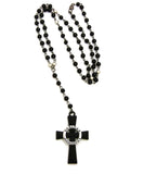 Veritas Aequitas Cross Pendant with 6mm 30" Black and Color Stone Bead Rosary Necklace
