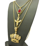 Ruby Red Stone, Crowned Angel, & King Crown Pendant Set w/ Box Chain Necklaces in Gold-Tone