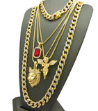 Ruby Red Stone, Praying Angel, King Lion Pendant w/ Gold Plated Cubic Zirconia Stone Chain & Bracelet Set