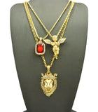 Colored Gemstone, Extended Wing Pray Angel & King Lion Pendant Set w/ Varying Gold-Tone Chain Necklaces
