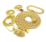 Ruby Red Stone, Praying Angel, King Lion Pendant w/ Gold Plated Cubic Zirconia Stone Chain & Bracelet Set