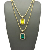 Micro Yellow & Faux Emerald Stone Pendant Set 2mm 24" & 30" Box Chain Necklace in Gold-Tone