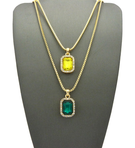 Micro Yellow & Faux Emerald Stone Pendant Set 2mm 24" & 30" Box Chain Necklace in Gold-Tone