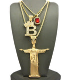 Colored Gemstone, Tilted Crown Initial B, Christ the Redeemer Pendant Set w/ Chain Necklaces