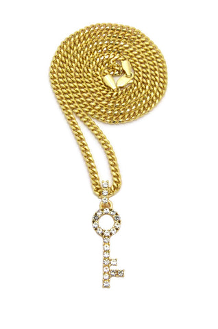 Stone Stud Lever Lock Key Micro Pendant w/3mm 24" Cuban Chain Necklace
