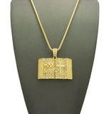 Stone Stud Opened Holy Bible Pendant Cuban Chain Necklace, Gold-Tone