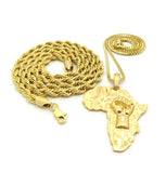 Power Fist on Africa Pendant on Box Chain with 6mm 30" Rope Chain Necklace in Gold-Tone