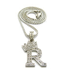 Unisex Stone Stud Tilted Crown Letter Initial Micro Pendant 2mm Box Chain Necklace, 20", R
