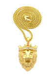 Stone Stud Crown King Lion Head Pendant w/ Chain Necklace