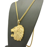 Side-Face Roaring Lion Leo Zodiac Pendant w/ 4mm 30" Cuban Chain Necklace in Gold-Tone