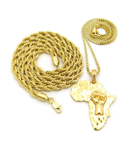 Power Fist on Africa Pendant on Box Chain with 6mm 30" Rope Chain Necklace in Gold-Tone