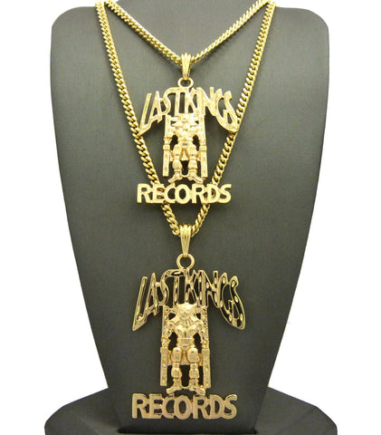 Dual Polished Last Kings Records Label Pendant Set w/ Cuban Chain Necklaces in Gold-Tone