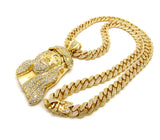 Stone Stud Thick Hair Jesus Head Pendant with 12mm 30" Iced Out Cuban Chain Necklace in Gold-Tone