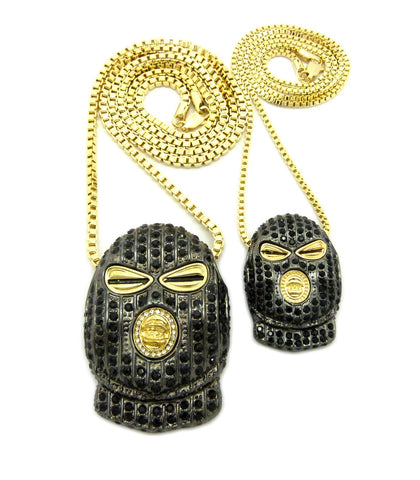 Hematite-Tone Goon Ski Mask Head Pendant Set with Gold-Tone Box Chain Necklaces