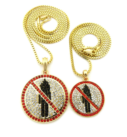 Red Stone Border Rapper Music Video Monster Logo Pendant Set w/ 2mm Box Chain Necklaces in Gold-Tone