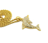 Stone Stud Diving Dolphin Pendant w/ Chain Necklace, Gold-Tone