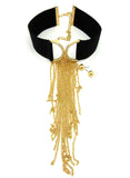 Women's Elastic Choker Dangling Waterfall Necklace and Ball Earring Set in Gold-Tone