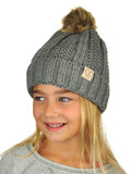 C.C Kids' Children's Cable Knit Faux Fuzzy Fur Pom Fleece Lined Cuff Beanie