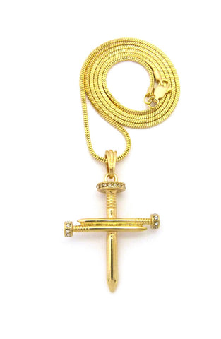 Simple Studded Reversible 3 Cross Nail Pendant w/ 2mm 24" Snake Chain Necklace in Gold-Tone