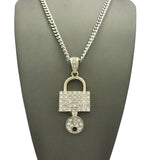 Stone Stud Padlock with Key Pendant w/5mm 24" Cuban Chain Necklace