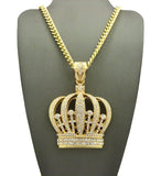 Stone Stud Royal Crown Pendant w/6mm 30" Cuban Chain Necklace, Gold-Tone