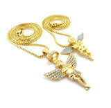 Silver-Tone Dusted Wing Praying Angel & Stone Stud Halo Angel Pendant Set w/ 24" & 30" Box Chains in Gold-Tone