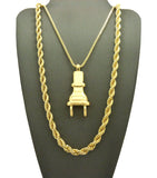 Power Plug Pendant w/ 2mm 24" Box Chain & 6mm 30" Rope Chain Necklace in Gold-Tone