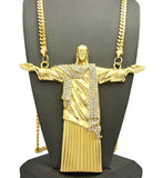 Detailed Robe Stone Stud Christ the Redeemer Pendant w/6mm 30" Box Cuban Chain Necklace, Gold-Tone