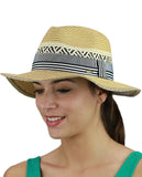 C.C Women's Paper Woven Panama Sun Beach Hat with Striped Band, Natural