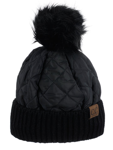 C.C Soft Quilted Puffer Detachable Faux Fur Pom Inner Lined Cuff Beanie Hat