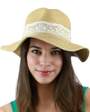 C.C Women's Paper Woven Panama Sun Beach Hat with Lace Trim, Natural