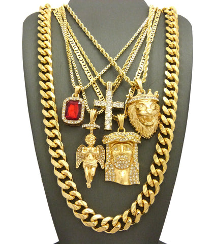 Hip-Hop Jewelry 5 Piece Pendant Set w/ Various Chain Necklaces in Gold-Tone