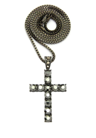 Studded Single Row Cross Pendant w/2mm 24" Box Chain Necklace, Hematite-Tone