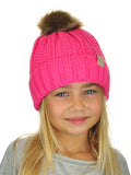 C.C Kids' Children's Cable Knit Faux Fuzzy Fur Pom Fleece Lined Cuff Beanie